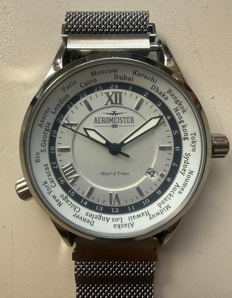Aeromeister World Time horloge, Sieraden, Tassen en Uiterlijk, Horloges | Heren, Overige merken, Staal, Staal, Polshorloge