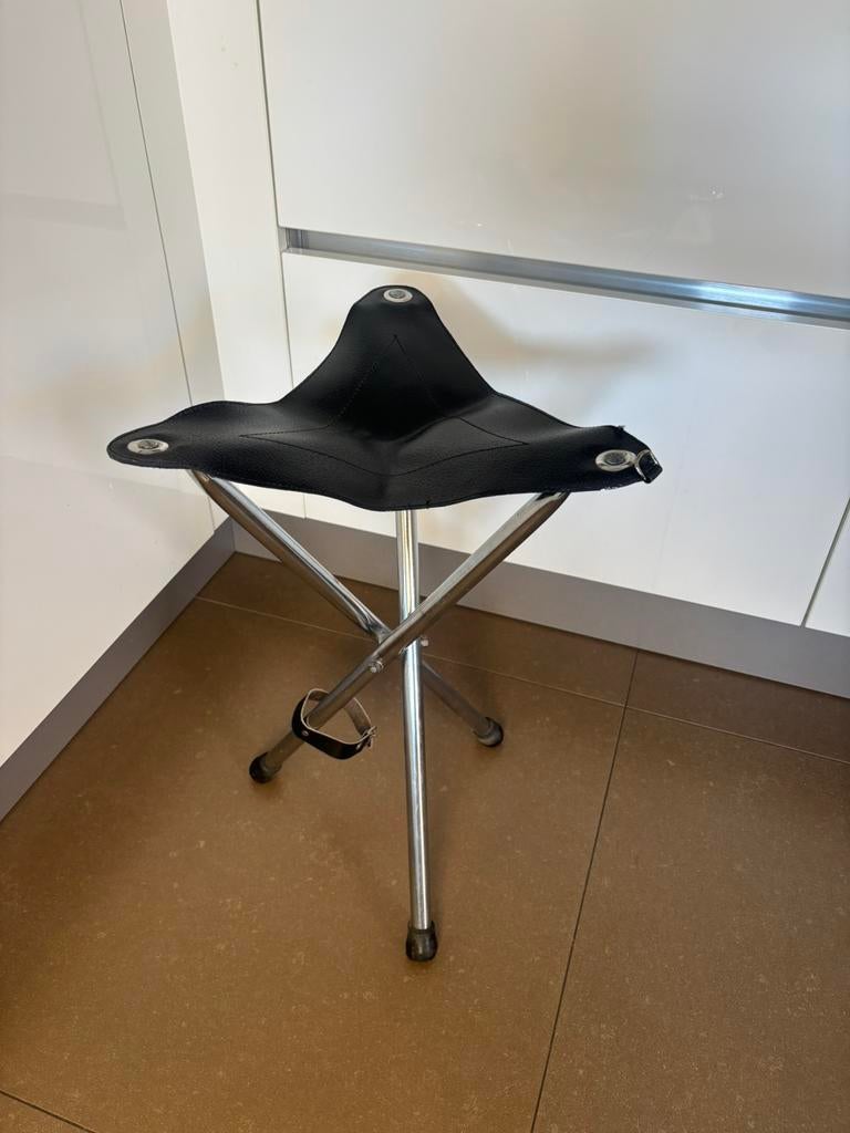 Vintage zwart lederen driepoot kruk, Ophalen of Verzenden