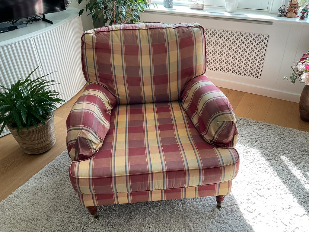 Leuke Engelse fauteuil, geruit, rood/geel/groen 80x100x75 cm, Huis en Inrichting, Fauteuils, Ophalen, Gebruikt, Stof, 75 tot 100 cm