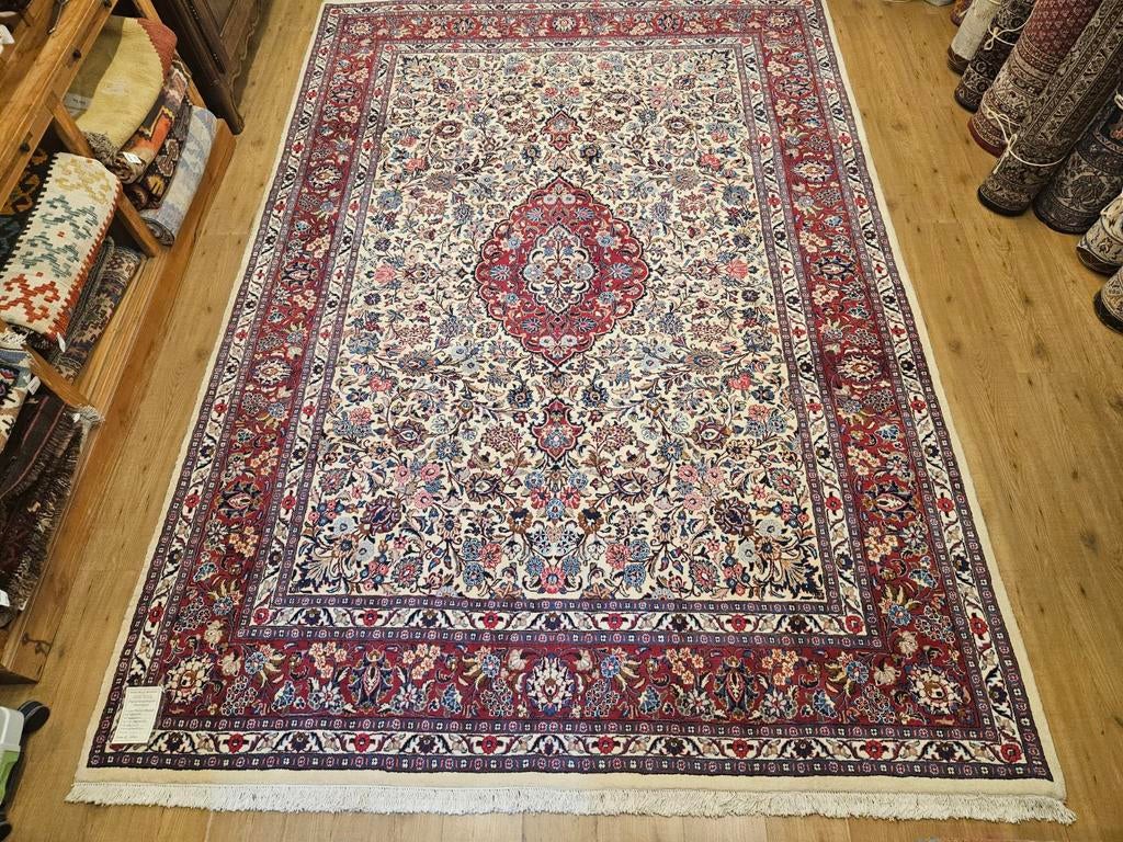 Handgeknoopt perzisch tapijt mashad 365x245, Info@SlatsAntiek.nl, Crème, Perzisch, Vof Slats Antiek