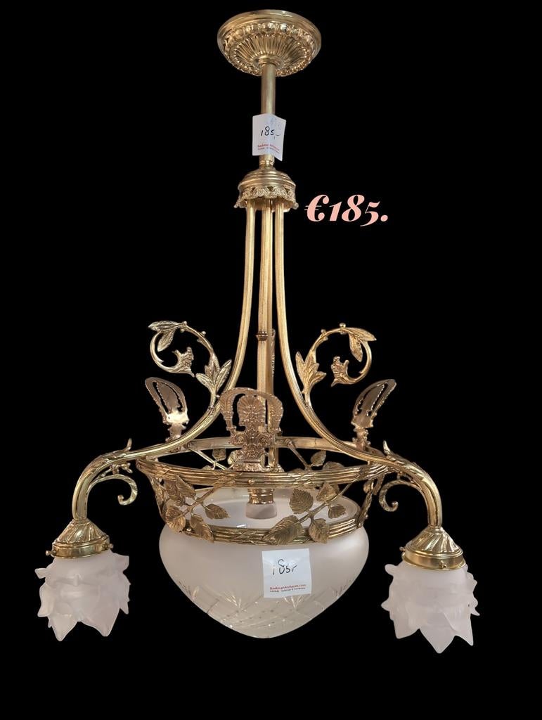 Antieke bronzen hang lamp 85 h doorsnede 50. €185., Antiek en Kunst, Antiek | Lampen, Ophalen