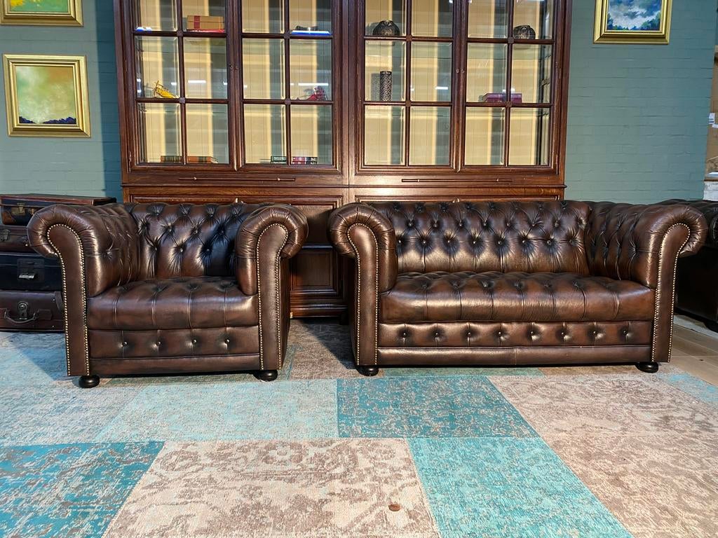 Chesterfield 2+1 zit bankstel bruin gevlamd in nieuwstaat, Ophalen of Verzenden, Zo goed als nieuw, 75 tot 100 cm, Leer