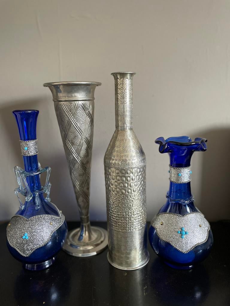4 Marokkaanse vazen, Blauw, Ophalen of Verzenden, Minder dan 50 cm, Glas