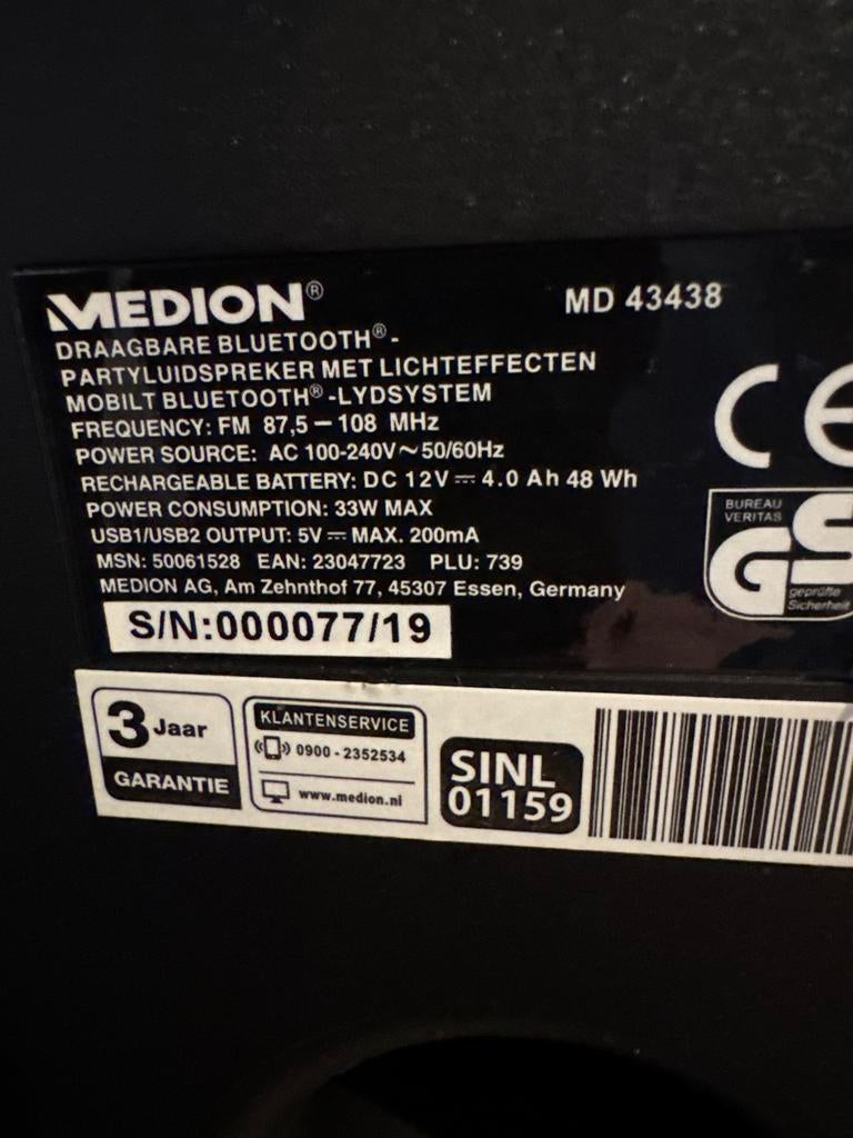Medion Bluetooth Speaker met Lichteffecten & Power Bass, Ophalen, Gebruikt, Overige typen, Overige merken