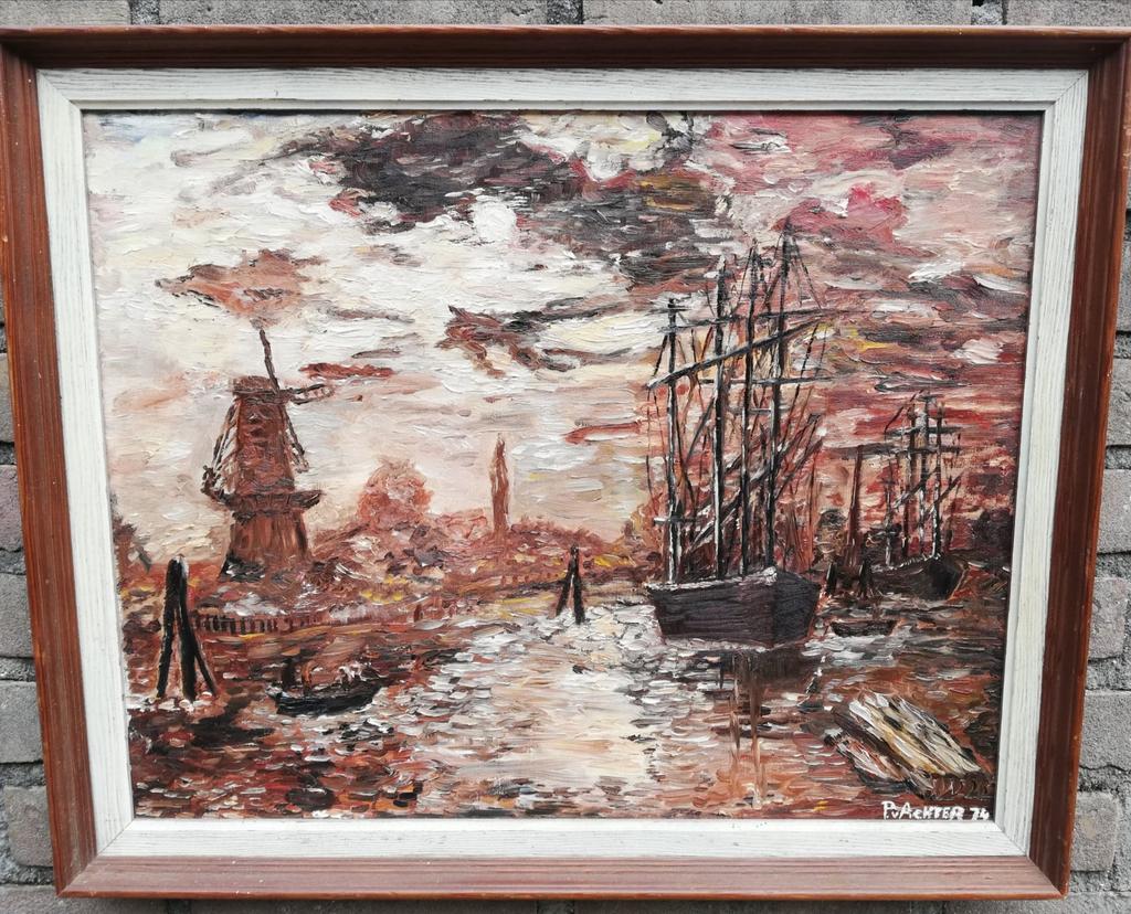 R'Dam, Molen a/d vaart. Impressionistich/divionistisch., Antiek en Kunst, Kunst | Schilderijen | Klassiek, Ophalen