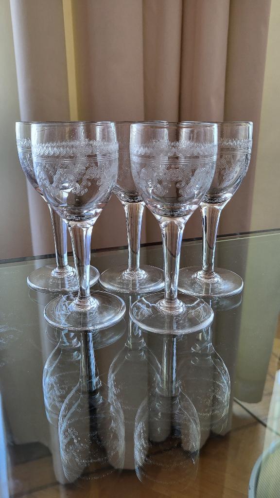 Likeurglazen gegraveerd 5 stuks 12x5 cm, Antiek en Kunst, Ophalen of Verzenden