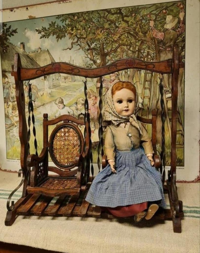 Antieke Franse houten poppen schommel/poppenwiegel, Ophalen