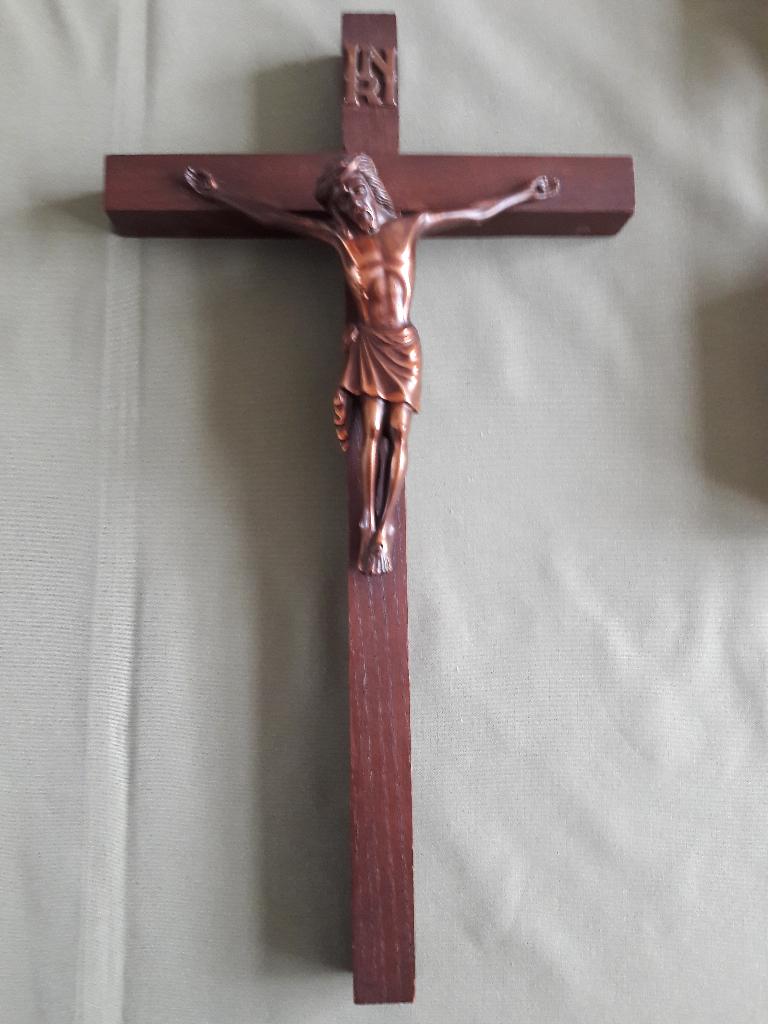 antiek houten kruis met roodkoperen Christus, Ophalen of Verzenden
