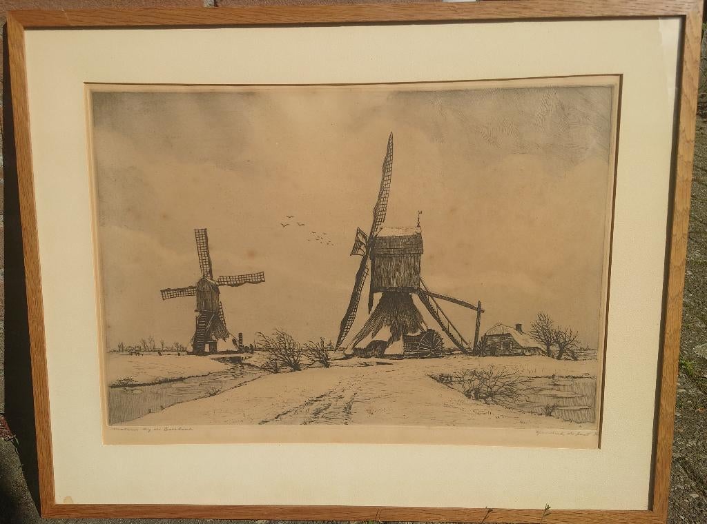 Hendrik de Laat (1900-1980) Molens bij de Biesbosch ~1930, Ets, Ingelijst, Ophalen of Verzenden, Landschap