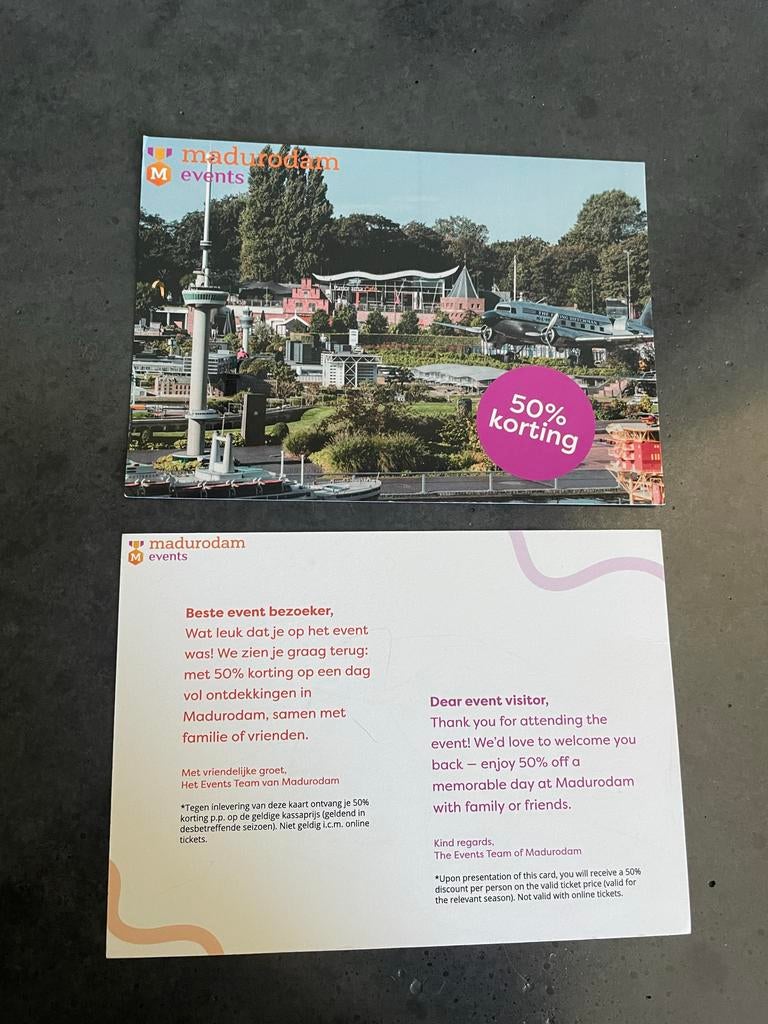 Te koop 2 stuks 50% kortingskaarten Madurodam, Twee personen, Kortingskaart