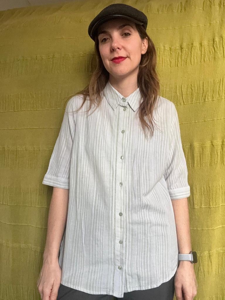 Vintage blouse, maat 42/XL - wit & groen gestreept - katoen, Delmod Pure, Maat 42/44 (L), Onbekend, Ophalen of Verzenden