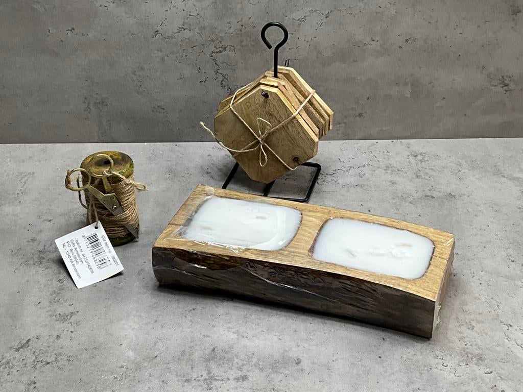 Decoratie setje kaars/onderzetters/klosje met schaar, Huis en Inrichting, Woonaccessoires | Overige, Nieuw, Ophalen of Verzenden