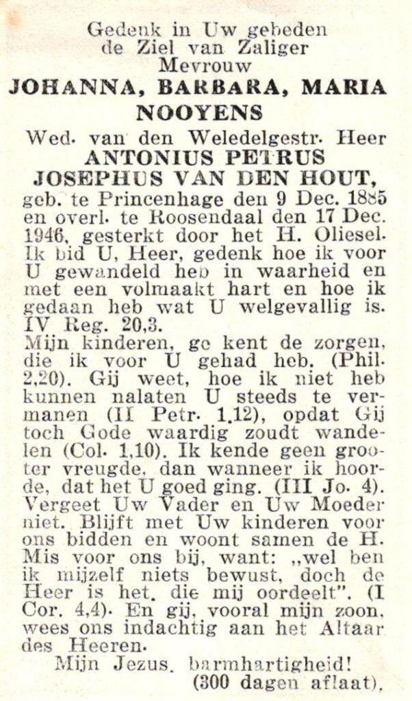 Nooyens Johanna B.M. Princenhage 1885-1946 Roosendaal, Verzamelen, Bidprentjes en Rouwkaarten, Ophalen of Verzenden