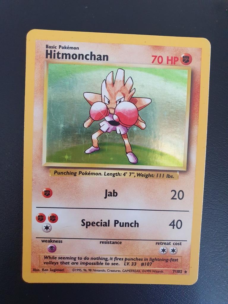 Hitmonchan 7/102 holo pokemon kaart, Ophalen of Verzenden, Zo goed als nieuw
