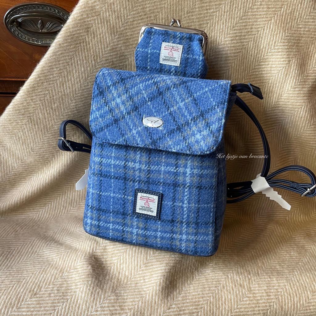 Schots Harris Tweed rugzakje met beursje Check blue, Westdijk 41 3241 GT Middelharnis, Info@lijstjevanbrocante.nl, Ophalen of Verzenden