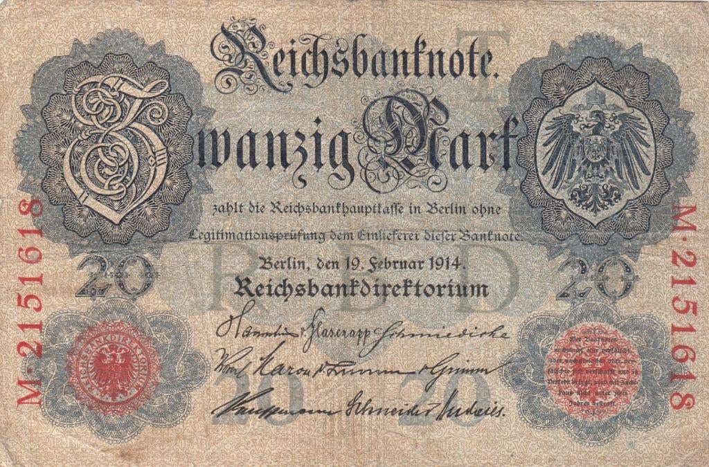 Duitsland bankbiljet 20 Mark 19.2.1914, Pick 46b gebruikt, Postzegels en Munten, Bankbiljetten | Europa | Niet-Eurobiljetten, Ophalen of Verzenden
