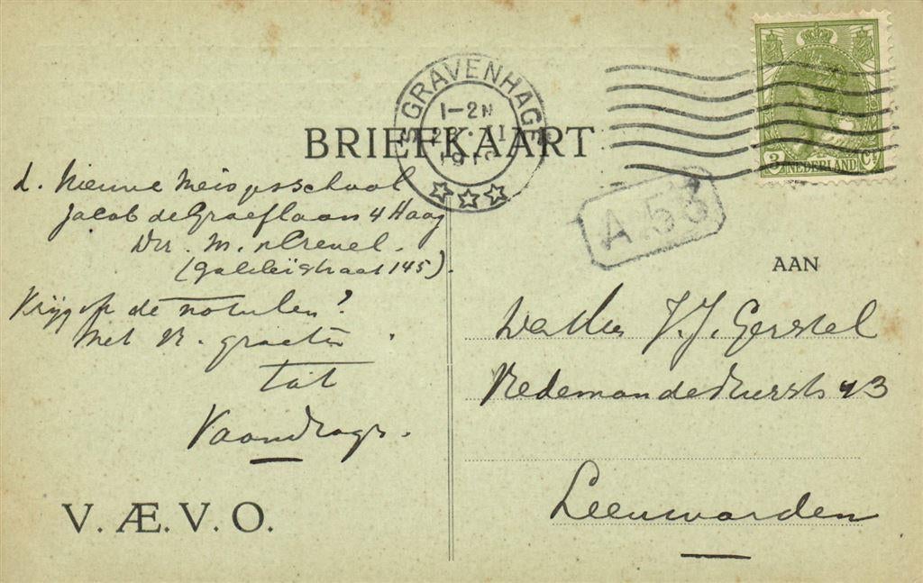 V.AE.V.O., s Gravenhage - 02.1919? - briefkaart, Ophalen of Verzenden, Briefkaart