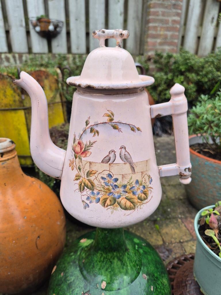 Roze emaille koffiepot met vogels-bloemen en schaatshandvat, Ophalen of Verzenden