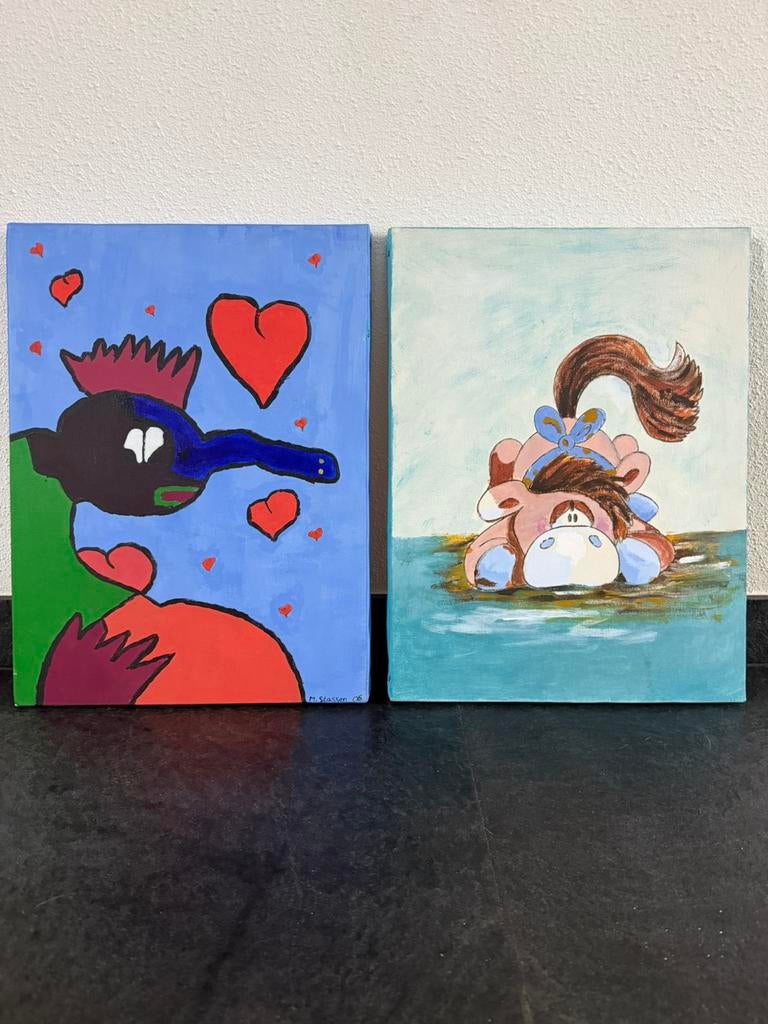 2 schilderijen voor op de kinderkamer. 30x40 cm., Ophalen of Verzenden, Zo goed als nieuw, Wanddecoratie