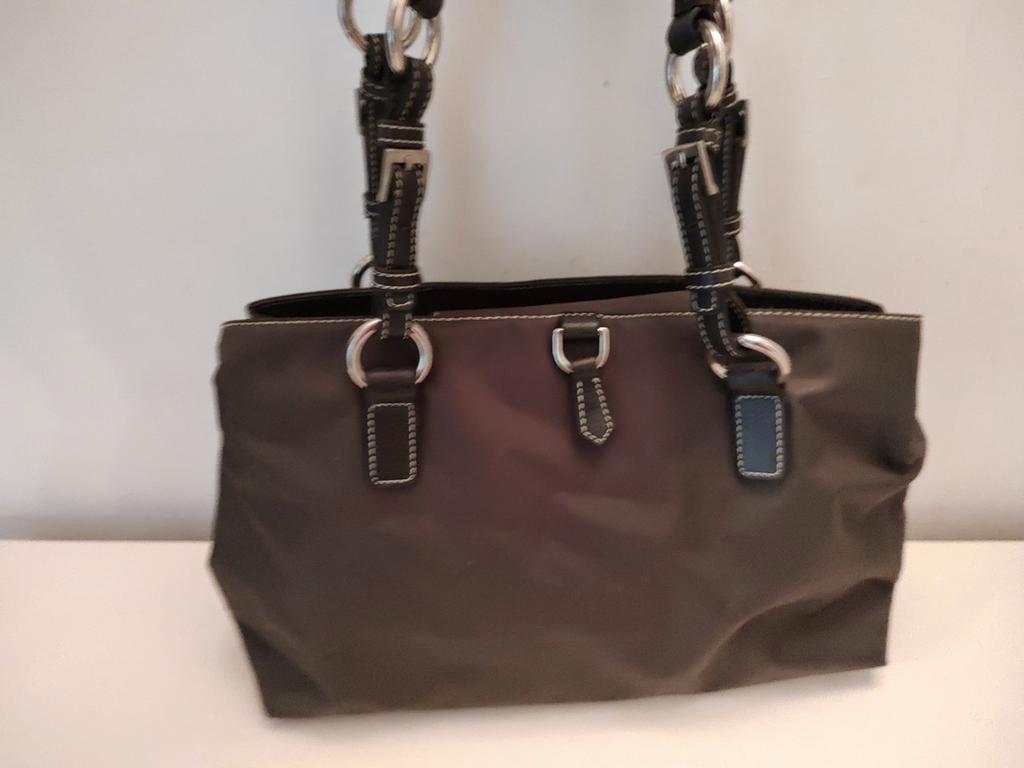 K438 ABRO accessories bruine schoudertas van nylon en PU led, Schoudertasje, -, Ophalen of Verzenden, Zo goed als nieuw