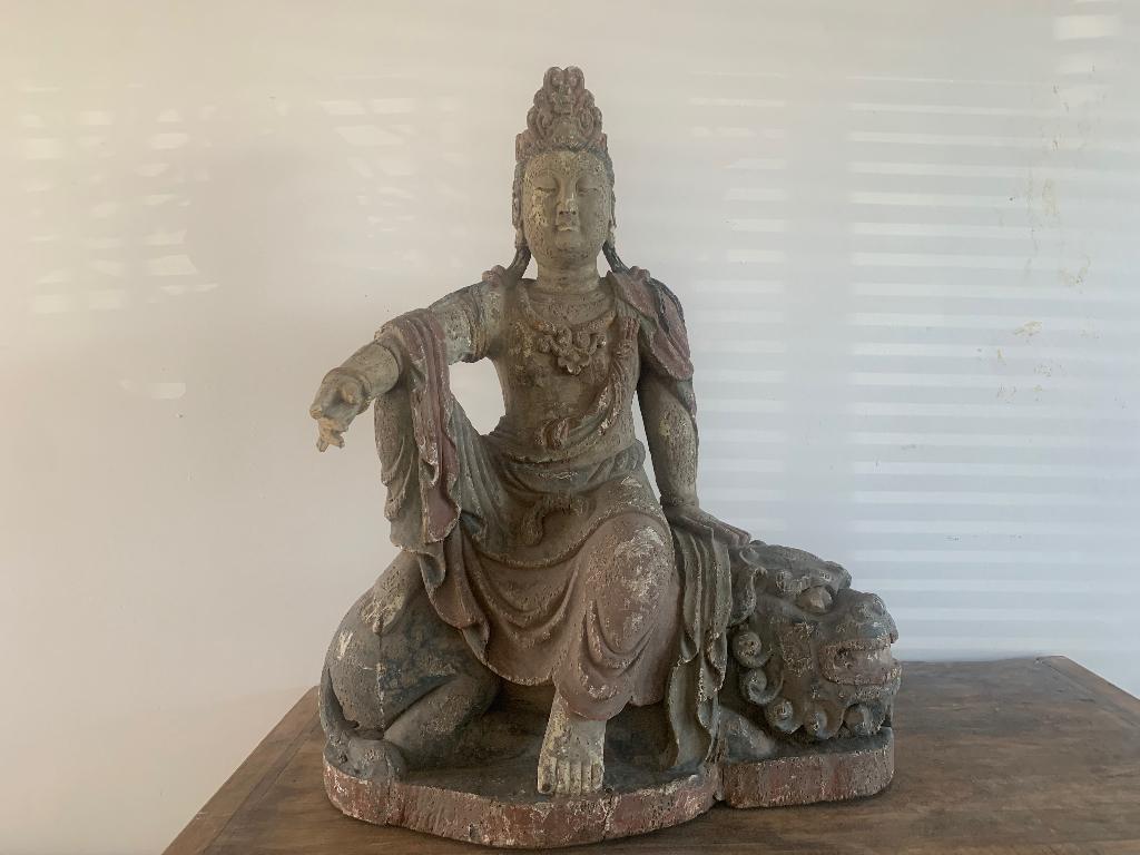 Oud Chinees beeld van hout. Guanyin, godin van de genade., Handgemaakt, Beeld, Hout, Azië