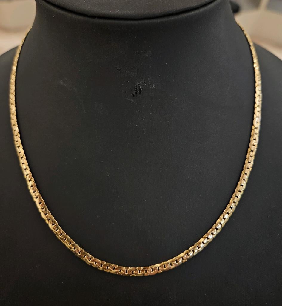 14 karaats gouden platte fantasie schakel ketting 45 cm, Verstelbaar, Ophalen of Verzenden, Zo goed als nieuw, Goud