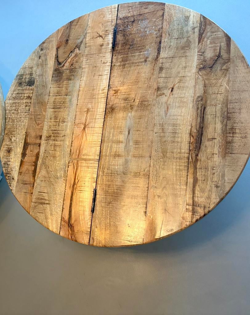 Ronde mango houten salontafel met opbergruimte – Ø 97 cm, Huis en Inrichting, Tafels | Salontafels, Ophalen, Zo goed als nieuw
