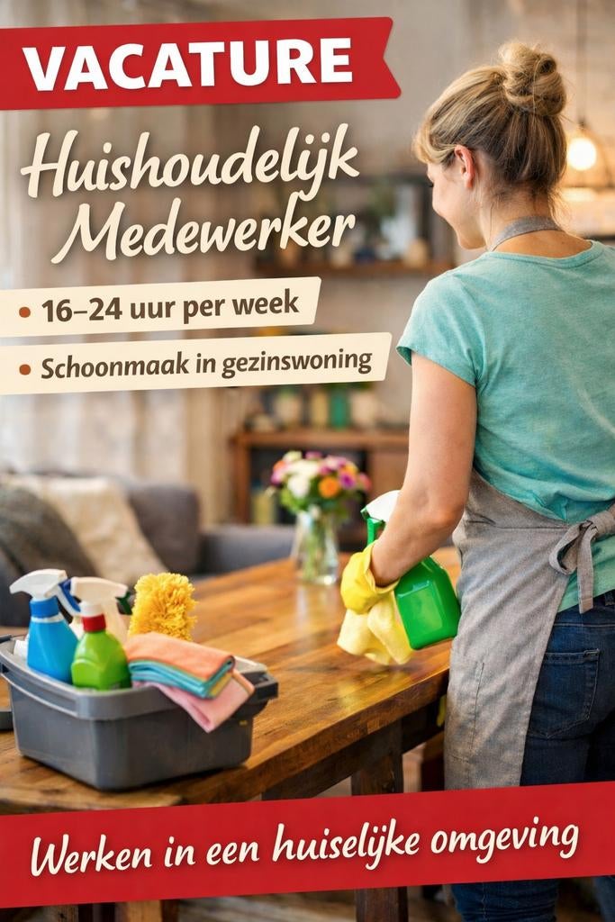 Gezocht:Huishoudelijk Medewerker 16-24 uur per week, Vacatures, Vacatures | Schoonmaak en Facilitaire diensten, Overige niveaus