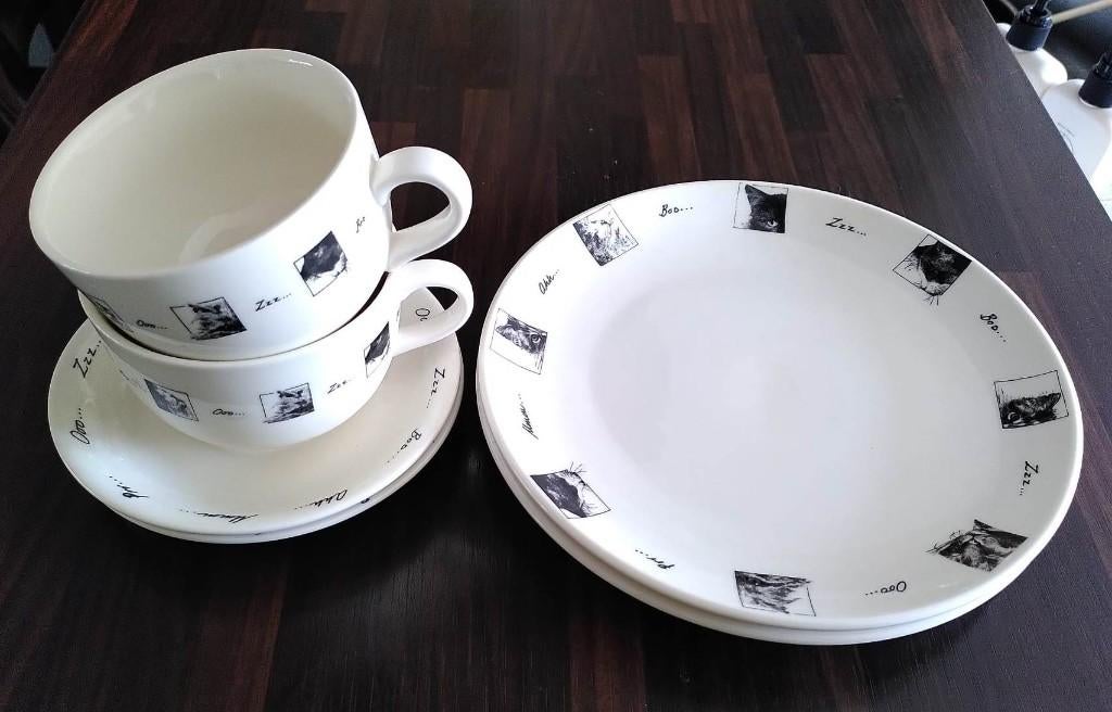 Katten servies & theedoek (BobBowdige-BayTree-UlsterWeavers), Ophalen, Zo goed als nieuw, Overige materialen, Kop en/of schotel