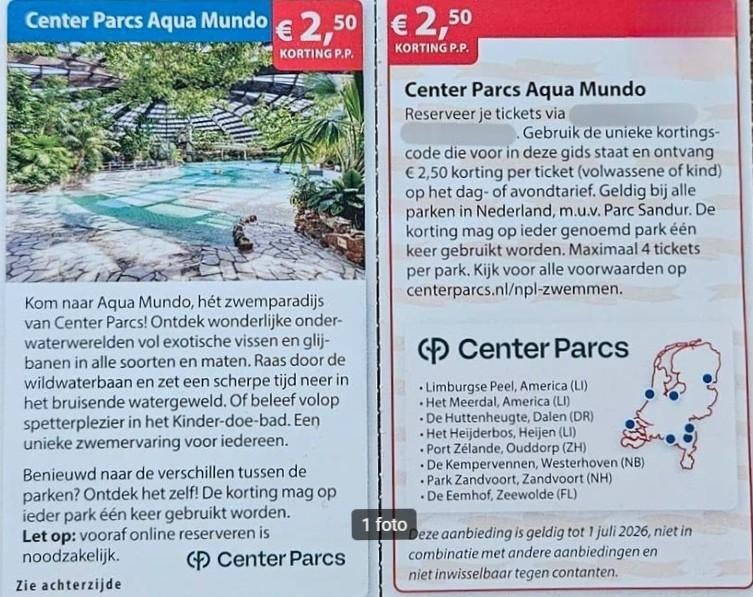 Center Parcs Aquamundo € 2,50 korting p.p., Drie personen of meer, Kortingsbon, Bungalowpark