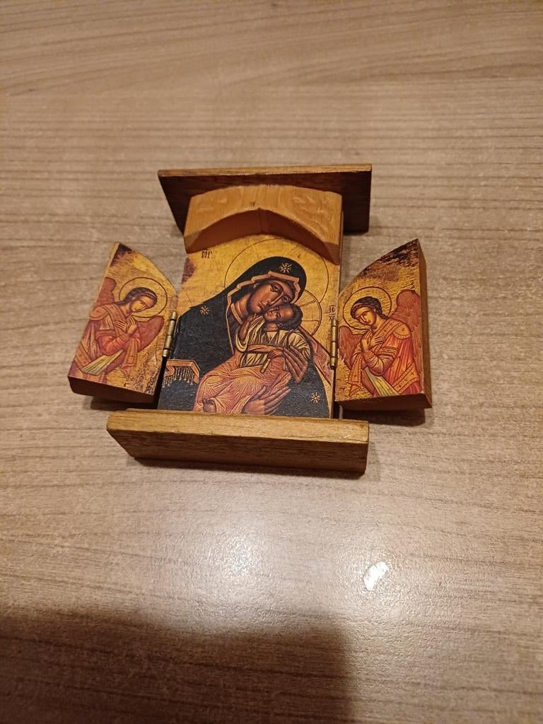 Houten icoon Maria met kind en engelen, Antiek en Kunst, Antiek | Religie, Ophalen of Verzenden