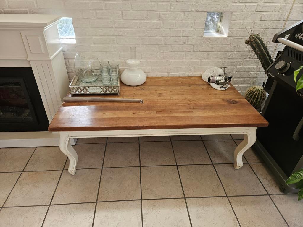 Houten salontafel met wit onderstel, Huis en Inrichting, Tafels | Salontafels, Ophalen, Gebruikt, 100 tot 150 cm, 50 tot 100 cm