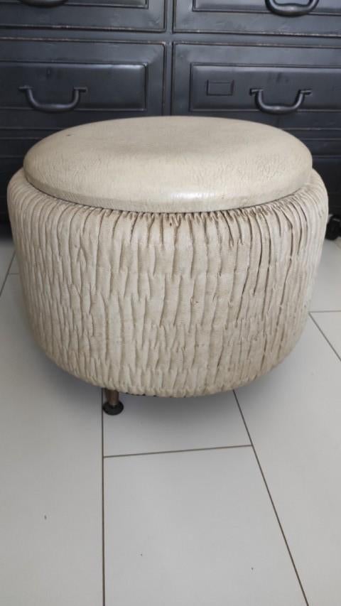 Vintage naaipoef cremewit met deksel, Minder dan 50 cm, Gebruikt, Rond, Minder dan 50 cm