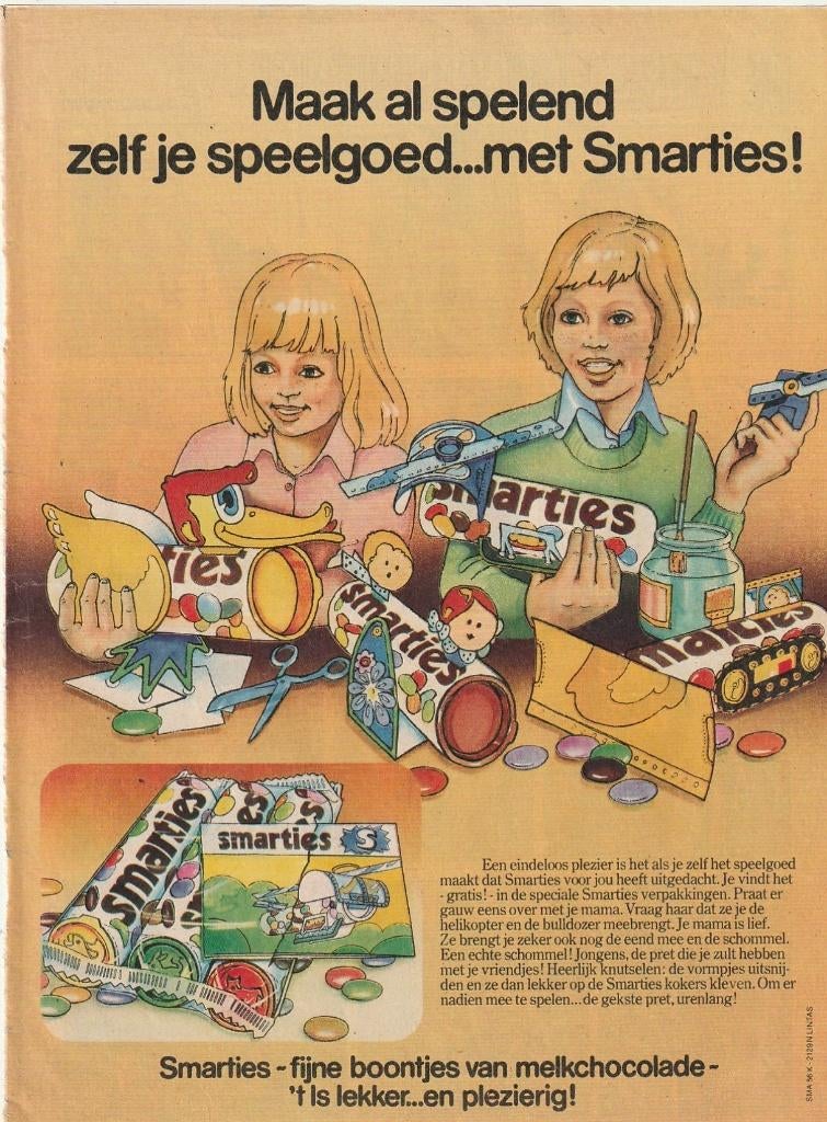 Retro reclame 1975 Smarties chocolade lekker speelgoed maken, Verzenden, Overige typen
