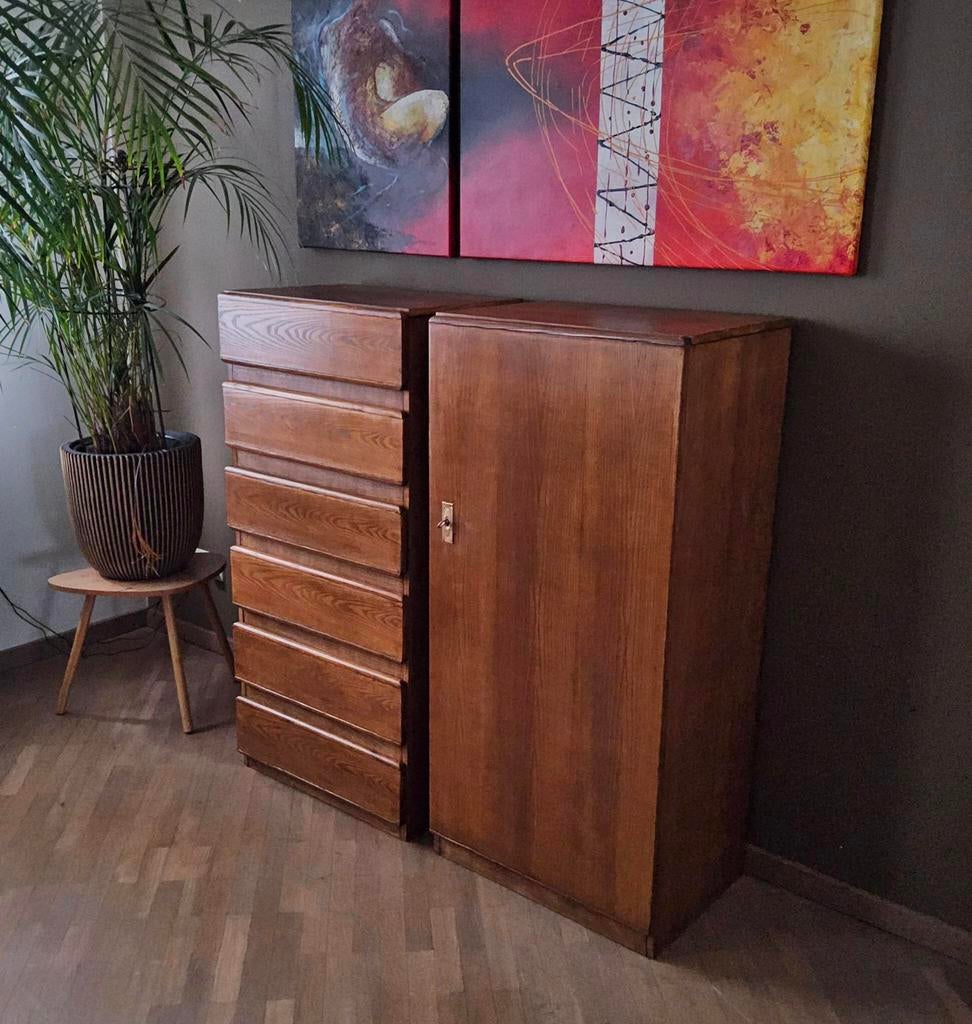 Set van 2 vintage kasten in warmbruin wengé fineer, Gebruikt, 5 laden of meer, 100 tot 150 cm, 25 tot 50 cm