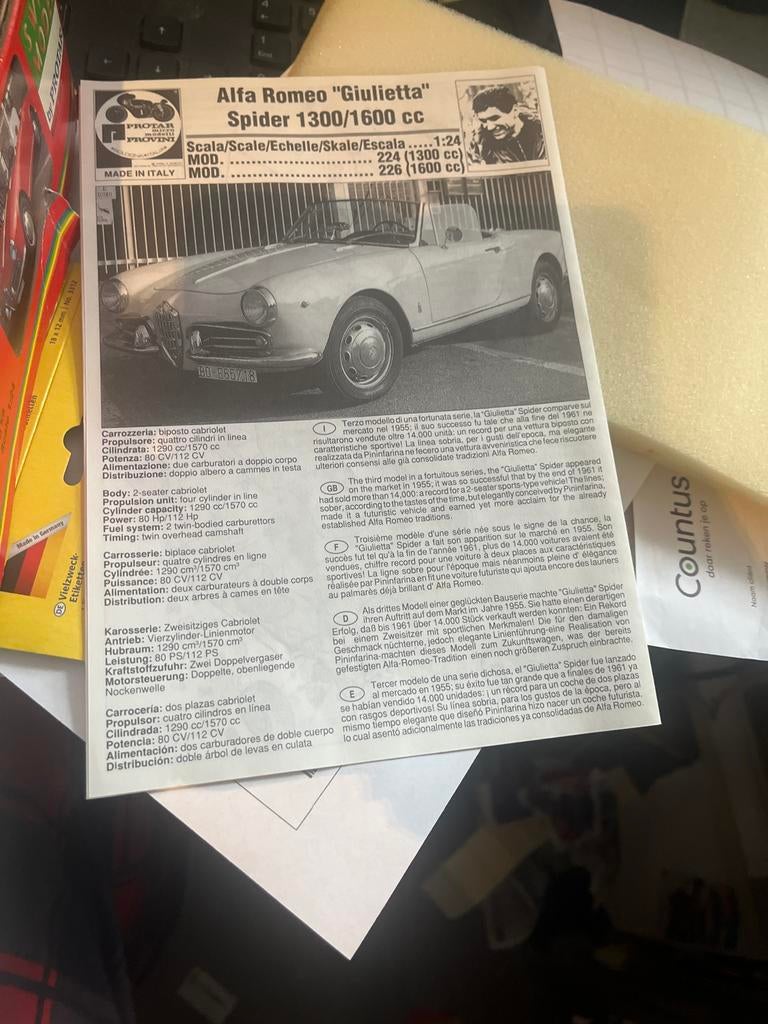 Protar 1/24 Alfa Giullietta Spider Bouwdoos - Ongebouwd, Overige merken, Protar, Auto, Ophalen of Verzenden