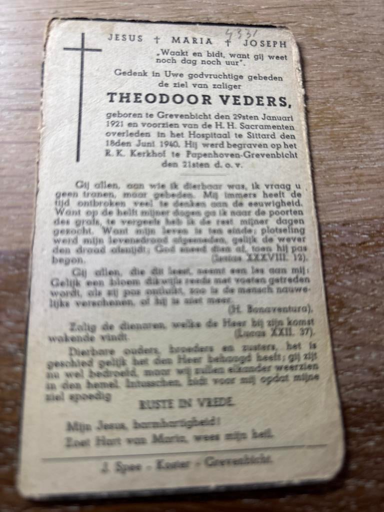 Veders Theodoor 1921 Grevenbicht 1940 Sittard  - 28397, Verzamelen, Ophalen of Verzenden, Bidprentje