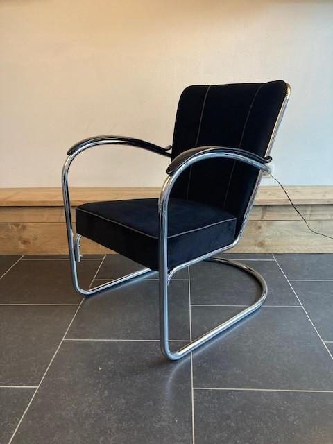 Vier Gispen 412 fauteuils, chroom, nieuwe zwarte ribstof, Design, 75 tot 100 cm, Zo goed als nieuw, Stof