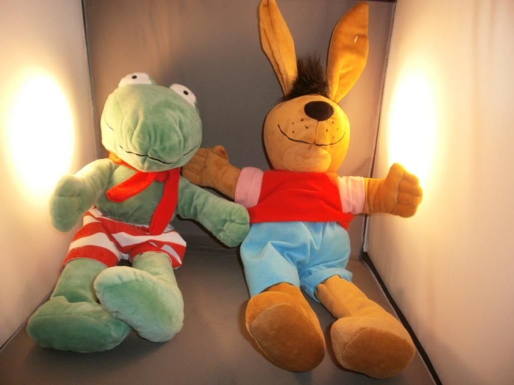 kikker en haas 42 cm en 53 cm max Veldhuijs handpoppen, Ophalen of Verzenden, Zo goed als nieuw, Kikker