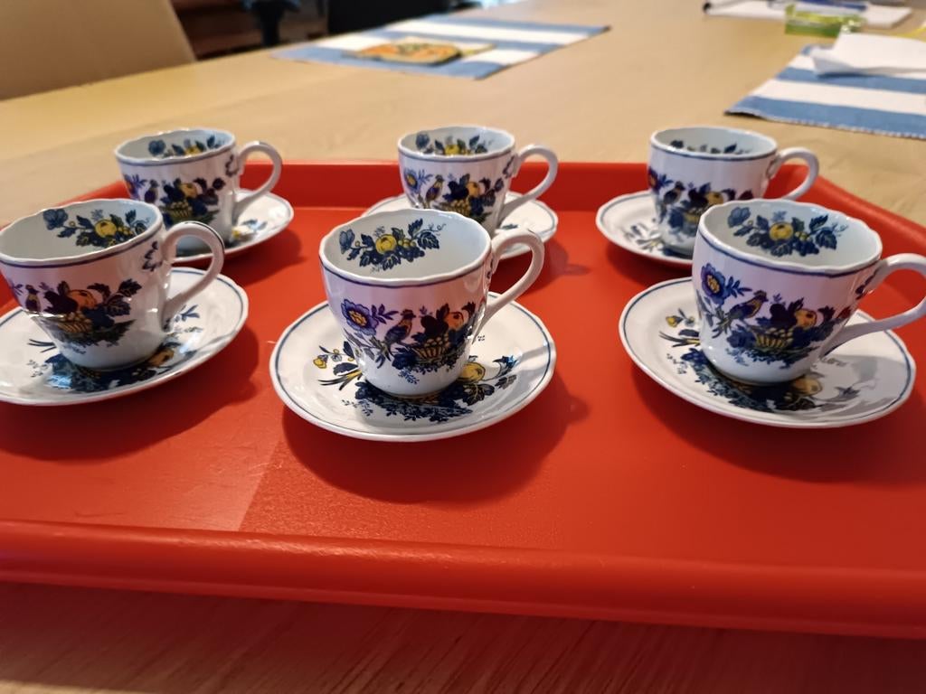 Copeland SPODE Blue Bird 6x mocca espresso kopjes met onders, Antiek en Kunst, Antiek | Servies los, Ophalen of Verzenden