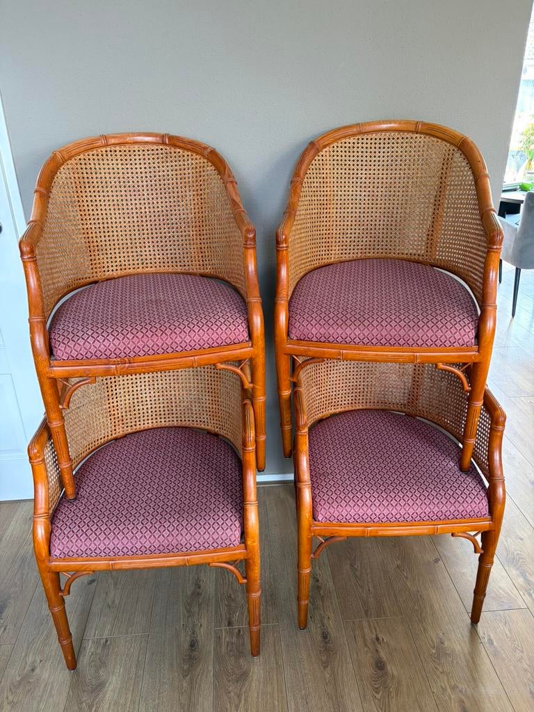 4 vintage Giorgetti faux webbing bamboo stoelen, Huis en Inrichting, Ophalen, Zo goed als nieuw, Bruin, Vier