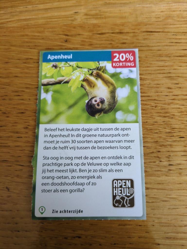 Kortingsbon voor Apenheul 20 %, Tickets en Kaartjes, Eén persoon, Kortingskaart