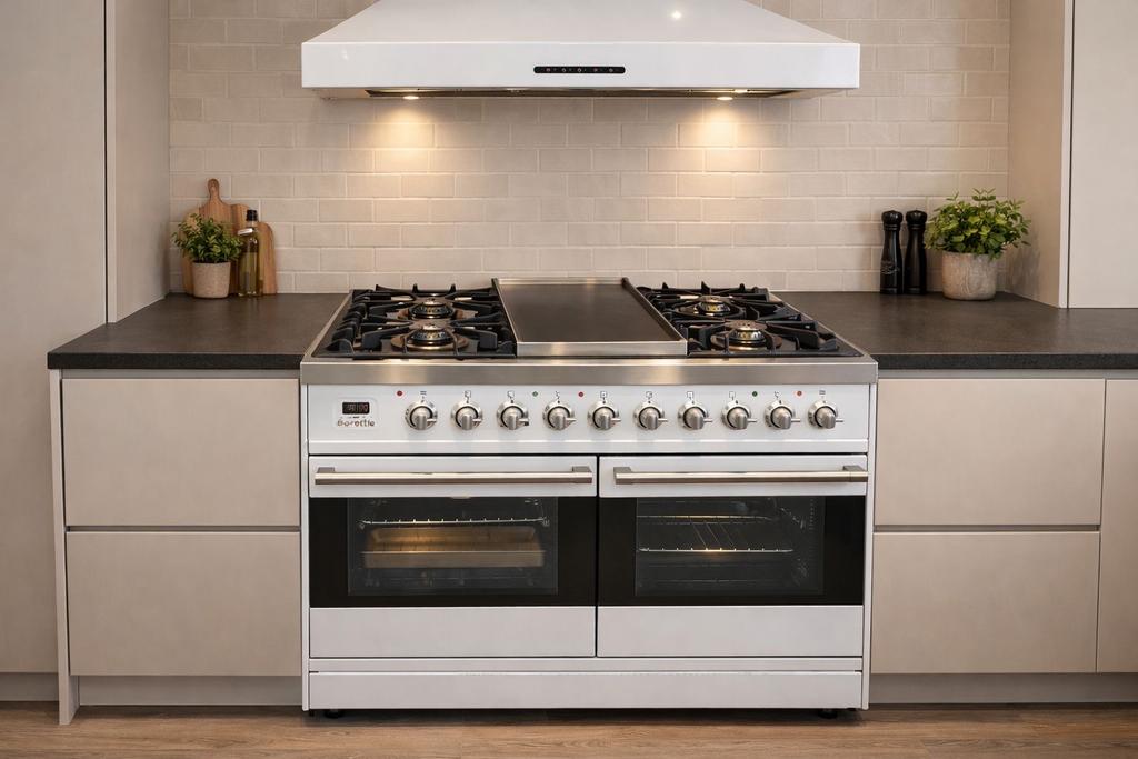 Nieuwe Boretti gasfornuis 90 cm met afzuigkap., Witgoed en Apparatuur, Fornuizen, Ophalen, 60 cm of meer, 4 kookzones, Gas