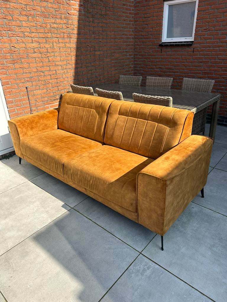 3-zitsbank velvet - okergeel - bezorgen mogelijk, Huis en Inrichting, Ophalen, Zo goed als nieuw, 75 tot 100 cm, 200 tot 250 cm