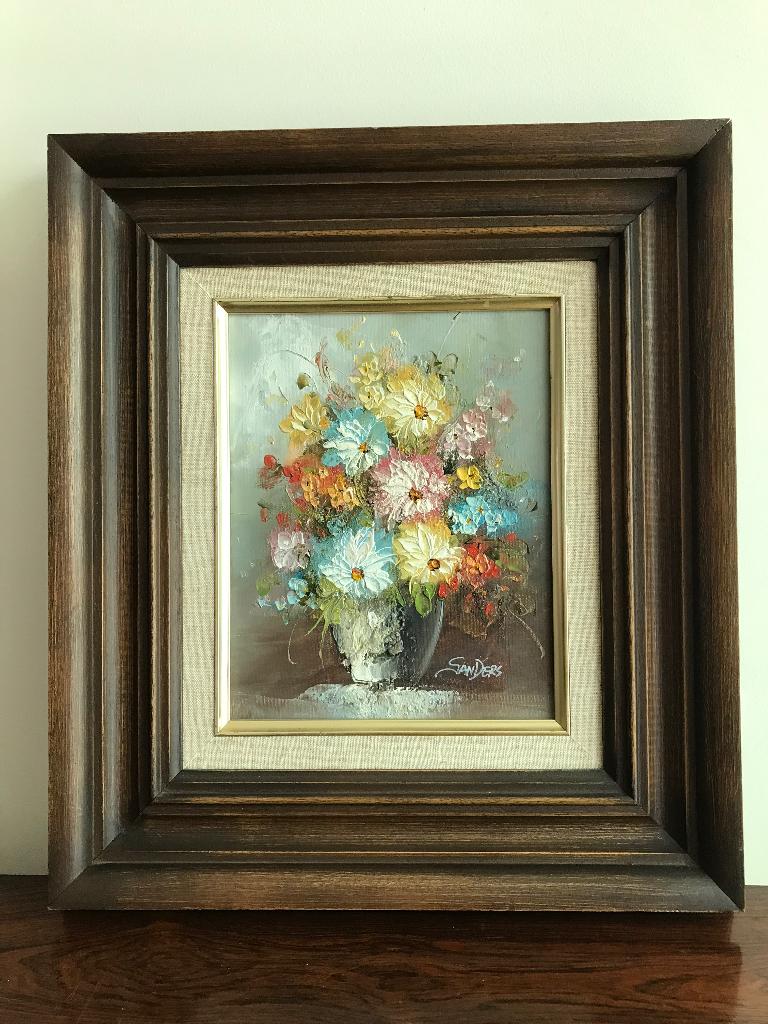 Schilderij bloemen in vaas Sanders in houten lijst kader, Ophalen of Verzenden