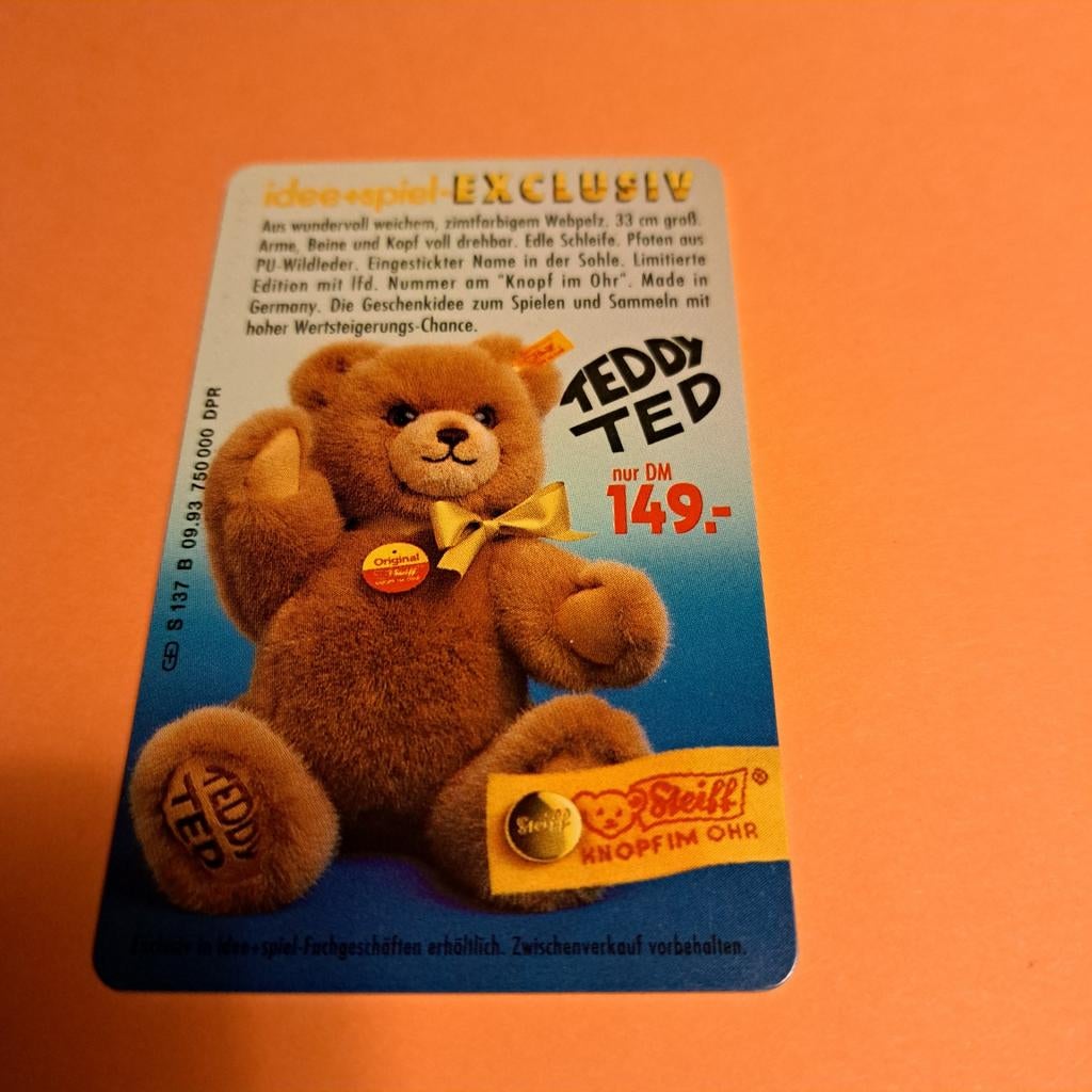 Teddy Ted Steiff telefoonkaart, Verzamelen, Beren en Cherished Teddies, Zo goed als nieuw, Overige typen, Steiff, Ophalen of Verzenden