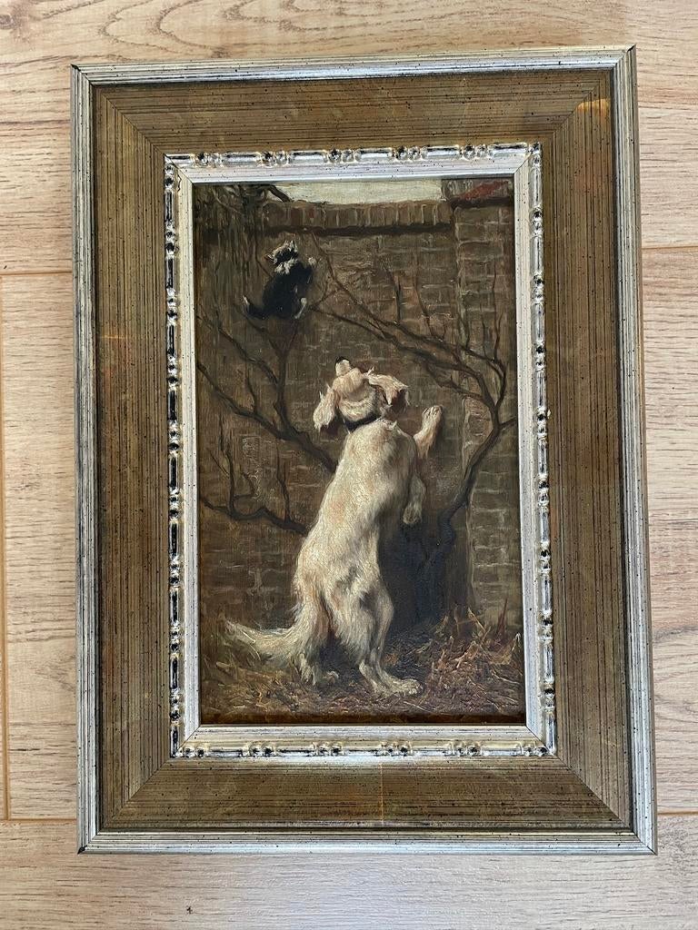 Schilderij Jan van Essen – hond in actie (olieverf) 23x13, Antiek en Kunst, Kunst | Schilderijen | Klassiek, Ophalen