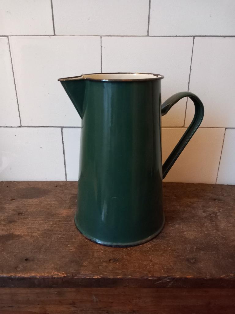 vintage emaille kan, oud donkergroen, brocante decoratie, Antiek en Kunst, Curiosa en Brocante, Ophalen of Verzenden