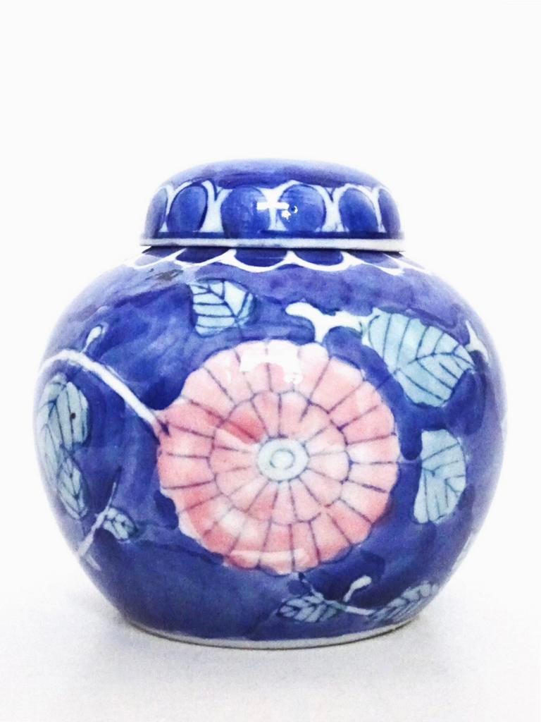 Vintage 70s gemberpot gemberpotten blauw wit roze bloemen, Ophalen