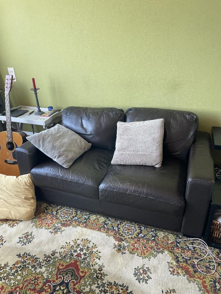 Bruin leren bank (moet weg!), Ophalen, Gebruikt, 75 tot 100 cm